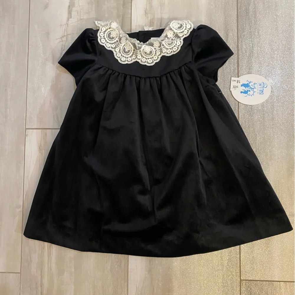NWT Luli & Me Heirloom Lace Deluxe Black Velvet Float Dress & Bloomers girls 18M